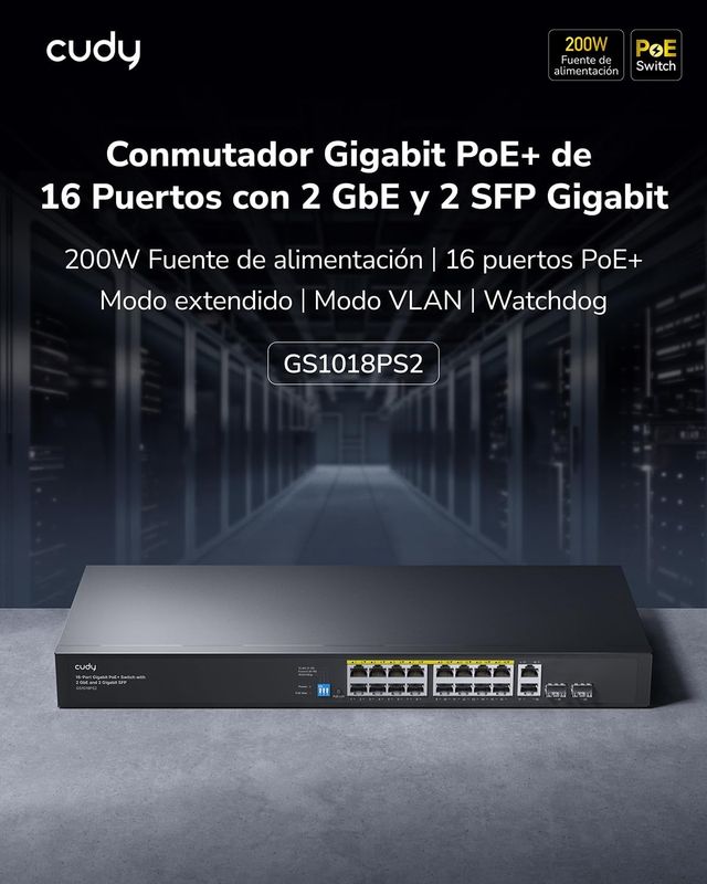 CUDY GS1018PS2 Switch 16 puertos PoE+ 2 SFP 200W