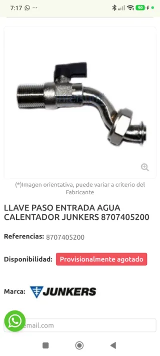 Llave Paso Agua Calentador Junkers 8707405