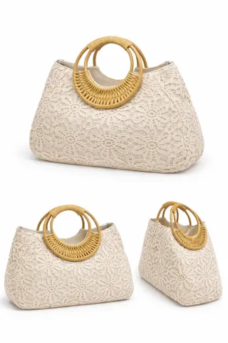 Borsa donna beige con manici in legno