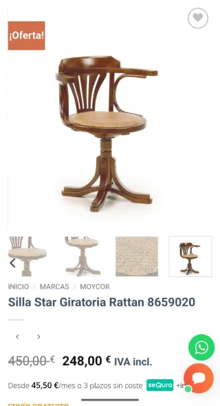 Silla de escritorio giratoria madera y ratán