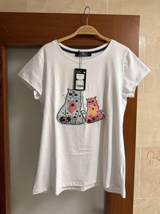 Camiseta Algodón Bordada Gatos La Camicetta