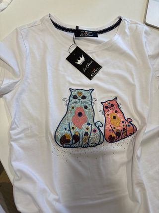 Camiseta Algodón Bordada Gatos La Camicetta