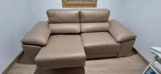 Sofá Cheslong Cama Beige Piel Sintética