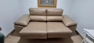 Sofá Cheslong Cama Beige Piel Sintética