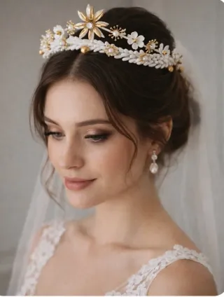 Tiara de novia dorada y blanca