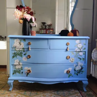 Cómoda Vintage Azul • Mueble Tocador + Espejo