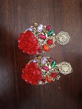 Pendientes Flamenca Flor Roja y Piedras