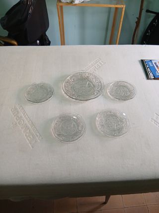 Juego de 5 platos vintage de cristal decorados