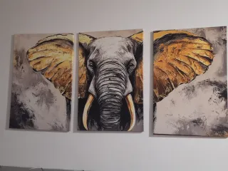 Cuadro Tríptico Elefante Dorado y Gris
