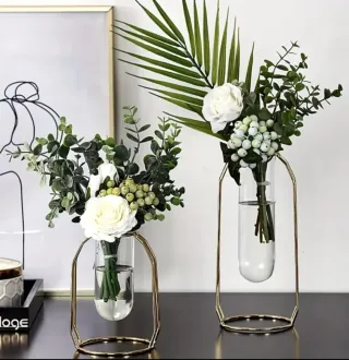 2 Jarrones Decorativos Metal y Cristal