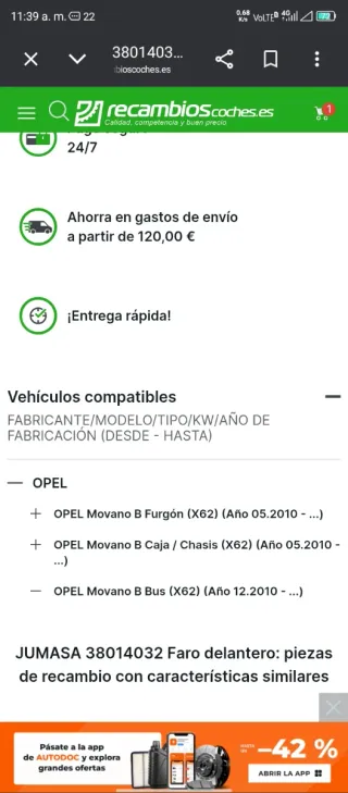 Faro delantero Opel Movano Izquierda año 02010 ---