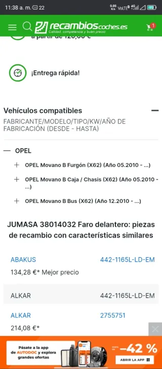 Faro delantero Opel Movano Izquierda año 02010 ---