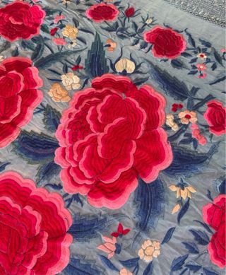 Manton de Manila Seda Azul Flores Fucsia