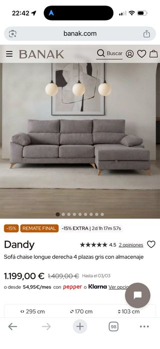 Sofá 3 plazas con chaiselongue Banak, opcion cama