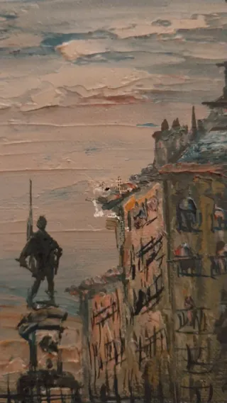 Cuadro antiguo óleo paisaje urbano, dañado