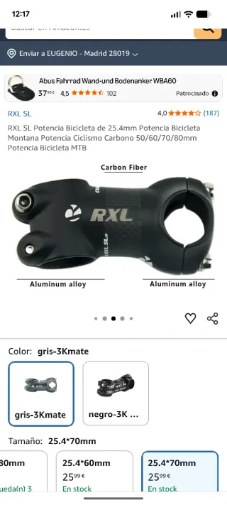 Potencia Carbono/Aluminio Bici Carretera/MTB