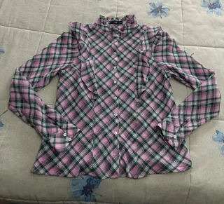 Blusa Mango cuadros rosa y verde Talla M