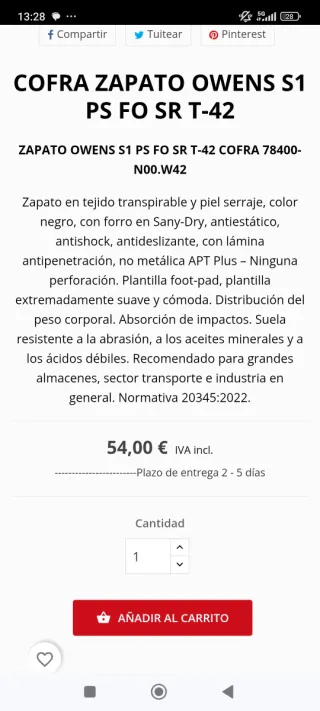 Zapatos de seguridad COFRA punta aluminio Talla 42