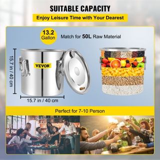 Alambique, destilador de agua y alcohol de acero inoxidable de 50L con condensador, caldera para hacer vino de 13.2Gal con tubo de cobre, kit de elaboración casera con termómetro incorporado para ...