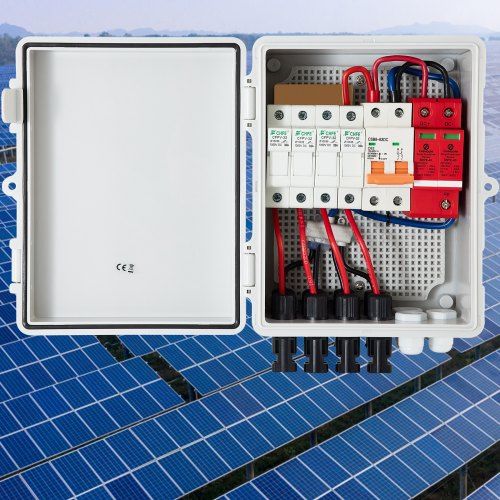 Caixa combinadora PV, 4 correntes, Caixa combinadora solar com fusível de corrente nominal de 15A, disjuntor automático de 63A, pára-raios e conector solar, para sistema de painel solar On / Off