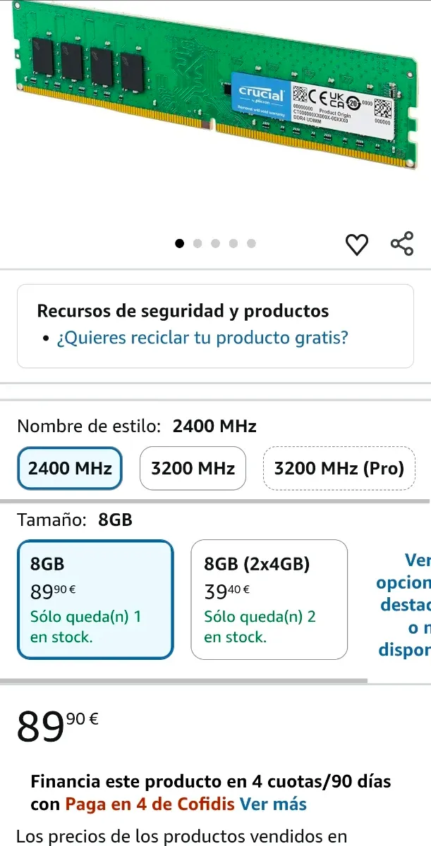 RAM DDR4 Crucial 8GB 2400MHz CL17