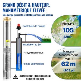 Bomba Sumergible de Pozo Profundo, 750W 230V/50Hz, 105L/min 62 m de Altura, 20 m de Cable y Interruptor de Presión Automático, 8.9 cm Bombas de Agua de Acero Inoxidable para Uso Industrial, de Rie...