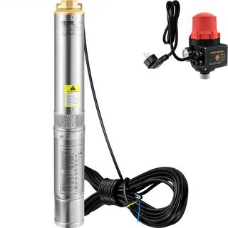 Bomba Sumergible de Pozo Profundo, 750W 230V/50Hz, 105L/min 62 m de Altura, 20 m de Cable y Interruptor de Presión Automático, 8.9 cm Bombas de Agua de Acero Inoxidable para Uso Industrial, de Rie...