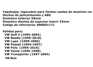 Vw Golf Mk4 Tapabujes 55mm Centro de Llantas Rueda