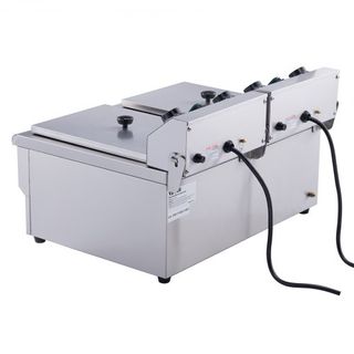 Freidora Comercial, Freidora Eléctrica de Encimera de Doble Tanque de 3000W con Canasta, 2 x 11.6Qt/11L Freidora de Aceite de Acero Inoxidable Doble con Filtración de Aceite, Control de Tiempo y T...