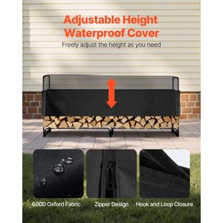 Soporte para leña exterior de 2.4 m con cubierta, 244 cm x 36 cm x 117 cm, soporte para leña de alta resistencia y cubierta impermeable de Oxford 600D para chimenea, patio, almacenamiento de leña ...
