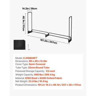 Soporte para leña exterior de 2.4 m con cubierta, 244 cm x 36 cm x 117 cm, soporte para leña de alta resistencia y cubierta impermeable de Oxford 600D para chimenea, patio, almacenamiento de leña ...