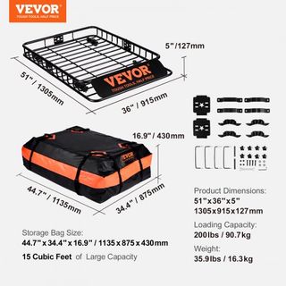 Baca de Techo para Carga, 130.5 x 91.5 x 12.7 cm Transportador de Carga de Techo con Bolsa de Carga Impermeable de 15 Pies Cúbicos, Capacidad de 90 kg Transportador Universal para SUV, Camión