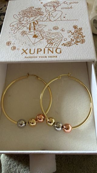 Pendientes XUPING Aro con Bolas Doradas y Plateada