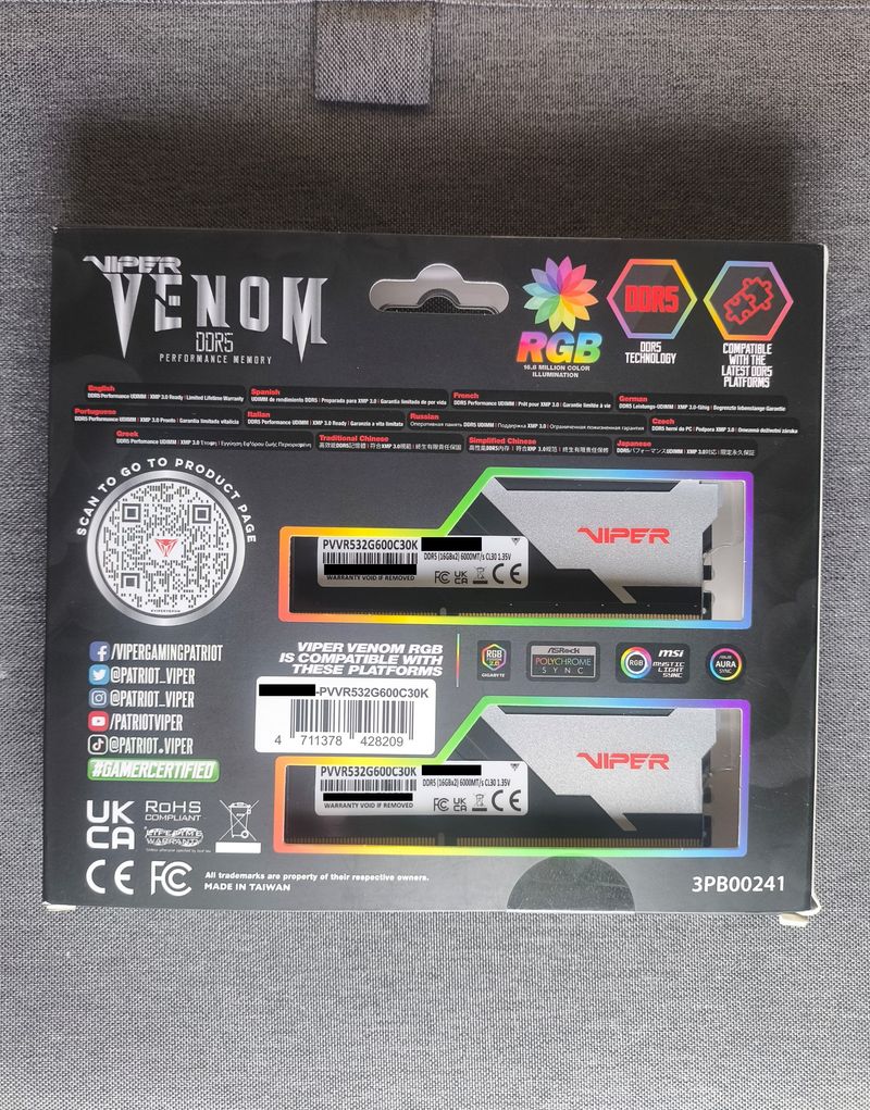 RAM DDR5 Patriot Viper RGB 32GB(2x16) 6000MTs CL30 afbeelding 2