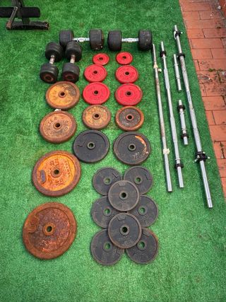 Lote Pesas Hierro +130kg, Mancuernas y Barras