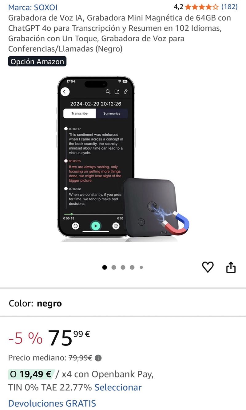 Grabadora Voz IA 64GB con ChatGPT SIN USAR.