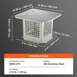 Tapa de Chimenea 228.6 x 228.6mm, Cubierta de Chimenea de Acero Inoxidable 304, No Fácilmente Derribada & Accesorios Prácticos & Instalación Fácil, Se Ajusta a Cubiertas de Malla para Chimeneas Fu...