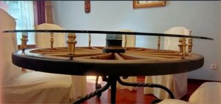 Mesa Rústica Rueda Carro Cristal Madera y hierro