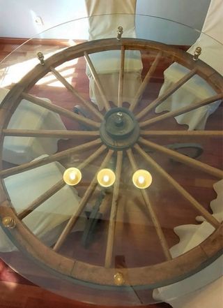 Mesa Rústica Rueda Carro Cristal Madera y hierro