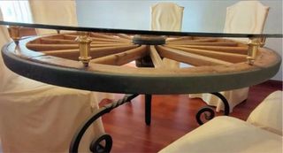 Mesa Rústica Rueda Carro Cristal Madera y hierro