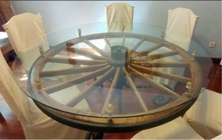 Mesa Rústica Rueda Carro Cristal Madera y hierro