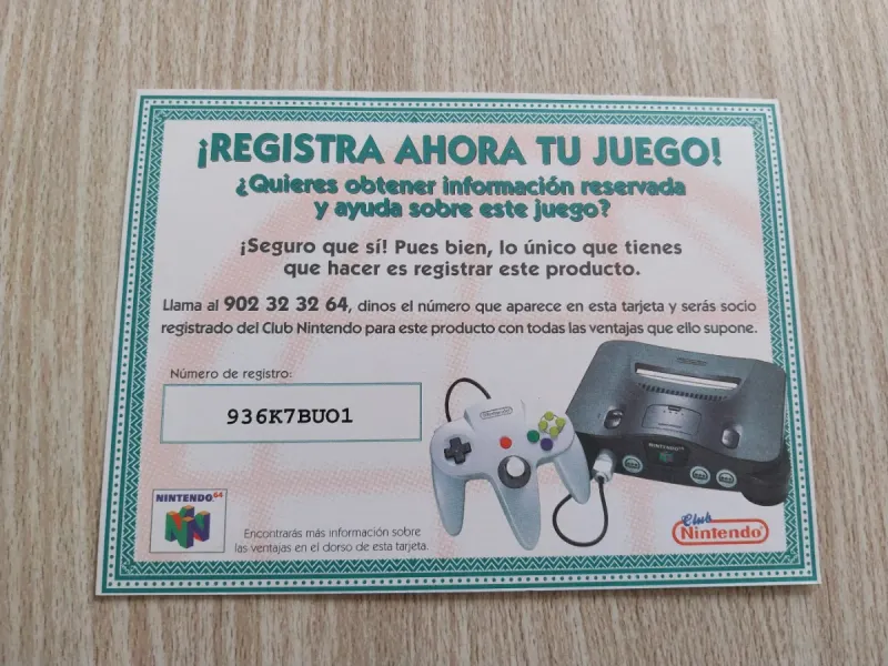 TARJETA DE REGISTRO ESPAÑOL JUEGOS NINTENDO 64