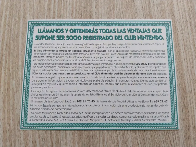 TARJETA DE REGISTRO ESPAÑOL JUEGOS NINTENDO 64 afbeelding 2