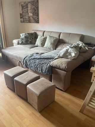 Sofá Cama Marrón Claro con Taburetes