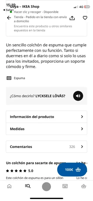 Colchón plegable Ikea LYCKSELE LÖVÅS 140x188