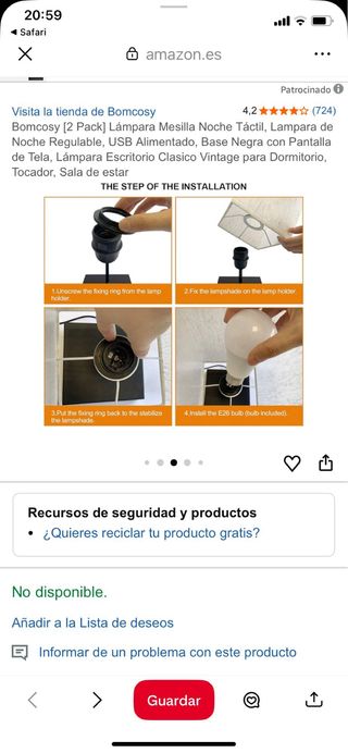 Juego 2 Lámparas Mesilla Táctiles USB