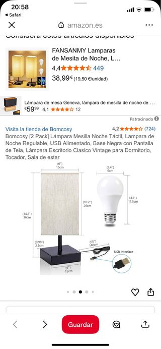 Juego 2 Lámparas Mesilla Táctiles USB