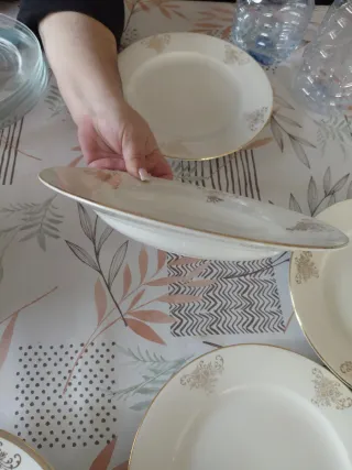 12 Platos de cerámica con borde dorado