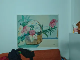 Óleo grande flores cesta antiguo