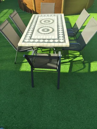 Mesa mosaico jardín o salón y 6 sillas metal